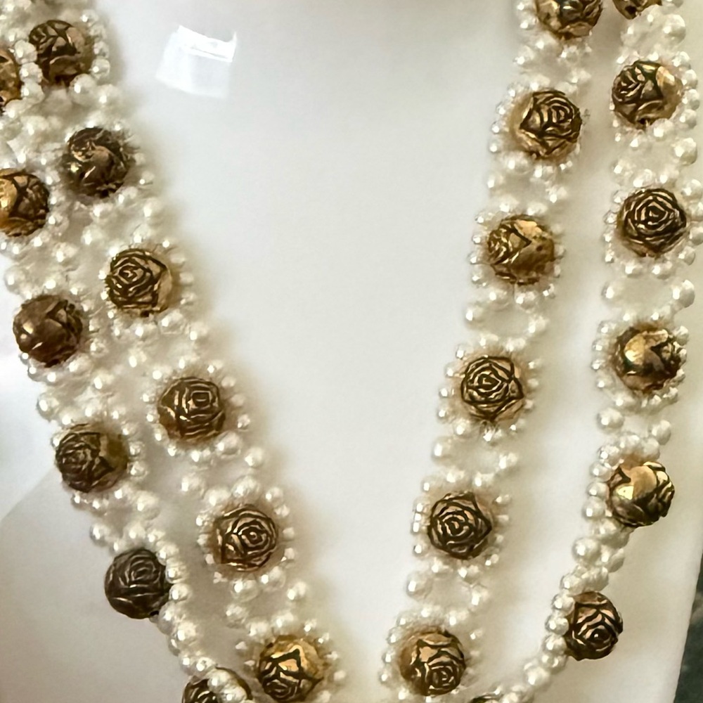 Multi-Strand Faux Pearl and Gold Toned Beaded Tassel Necklace.